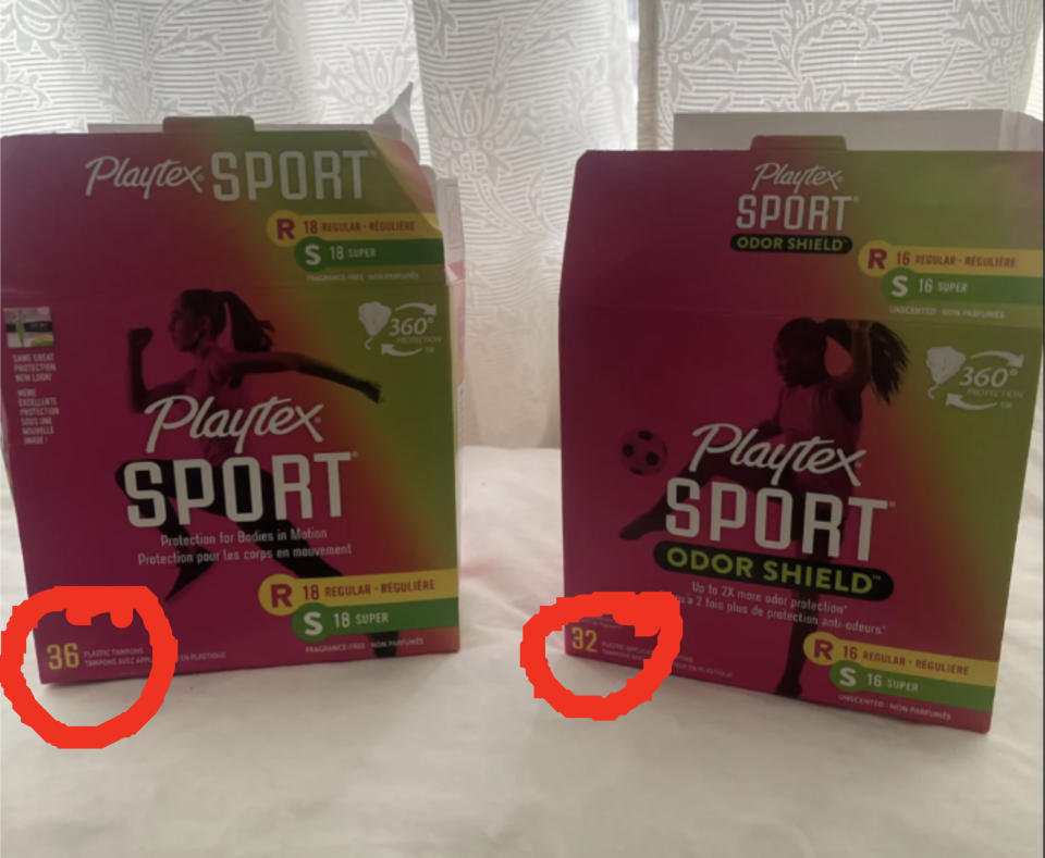 Boxes of Playtex Sport tampons highlighting '360' design and 'Odor Shield' feature, in a multipack of 36 and 32 counts