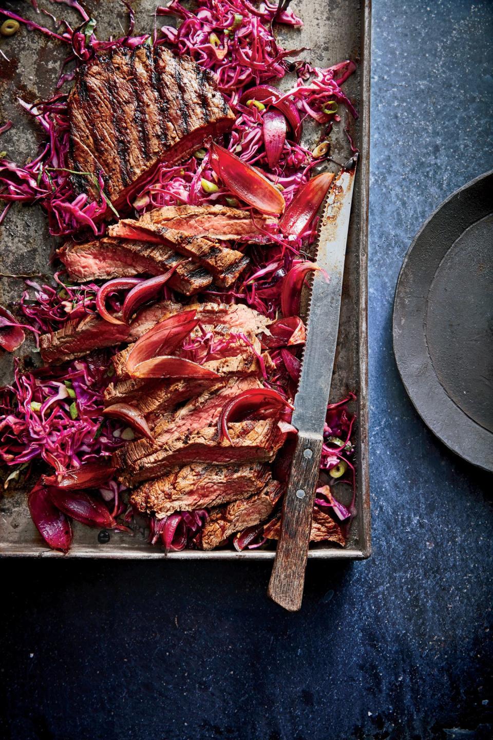 Red Wine-Marinated Steak with Balsamic Onions and Slaw