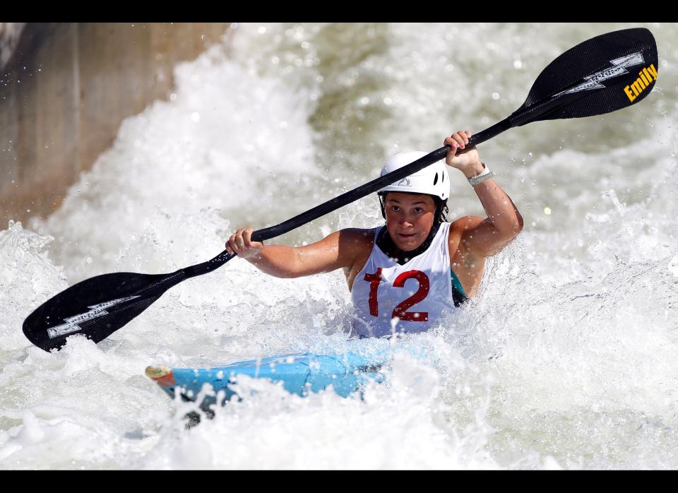 Emily Jackson competes in the women's K1 of the 2012 U.S. Olympic Trials for Whitewater Slalom at the U.S. National Whitewater Center on April 14, 2012 in Charlotte, North Carolina. 