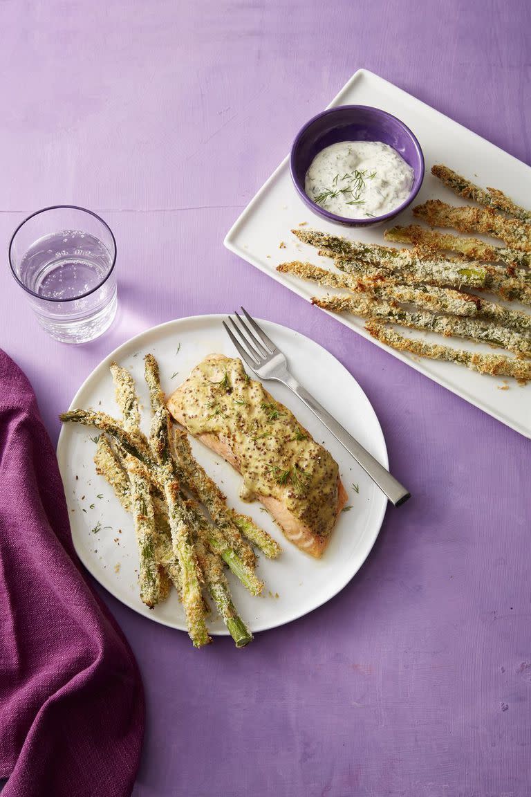 Mustard-Dill Salmon with Crispy Asparagus Fries