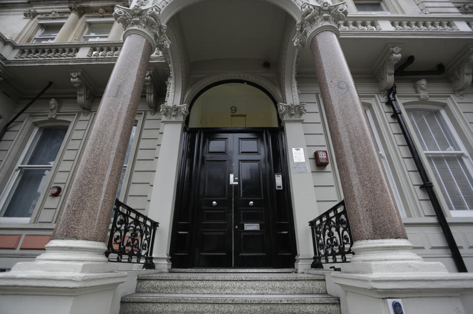 FILE - The main entrance door to a building where offices of Orbis Business Intelligence Ltd are located, in central London, Thursday Jan. 12, 2017. A judge in London on Thursday, Feb. 1, 2024 threw out a lawsuit by former U.S. President Donald Trump accusing a former British spy of making “shocking and scandalous claims” that were false and harmed his reputation. Judge Karen Steyn said the case Trump filed against Orbis Business Intelligence should be dismissed. (AP Photo/Matt Dunham, File)