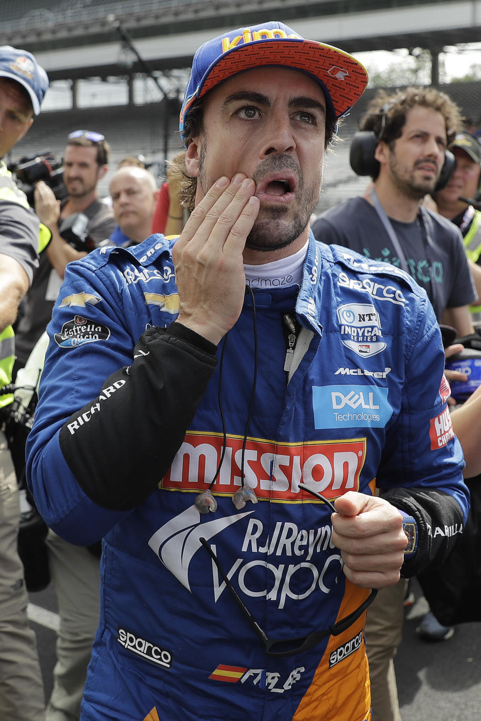 Fernando Alonso, of Spain, looks at his posted speed after his qualification attemp for the Indianapolis 500 IndyCar auto race at Indianapolis Motor Speedway, Sunday, May 19, 2019 in Indianapolis. Alonso failed to make th field. (AP Photo/Darron Cummings)