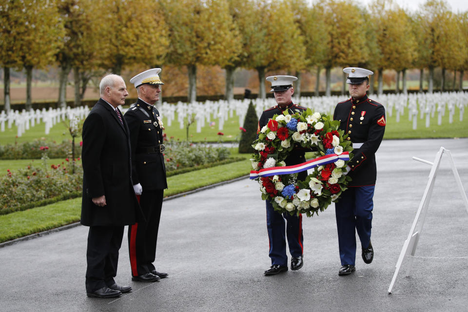 White House chief of staff John Kelly (left) and Chairman of the Joint Chiefs of Staff Marine Gen. Joseph Dunford attend a ceremony at the Aisne-Marne American Cemetery near the Belleau Wood battleground, in Belleau, France, on Saturday. (Photo: THE ASSOCIATED PRESS)