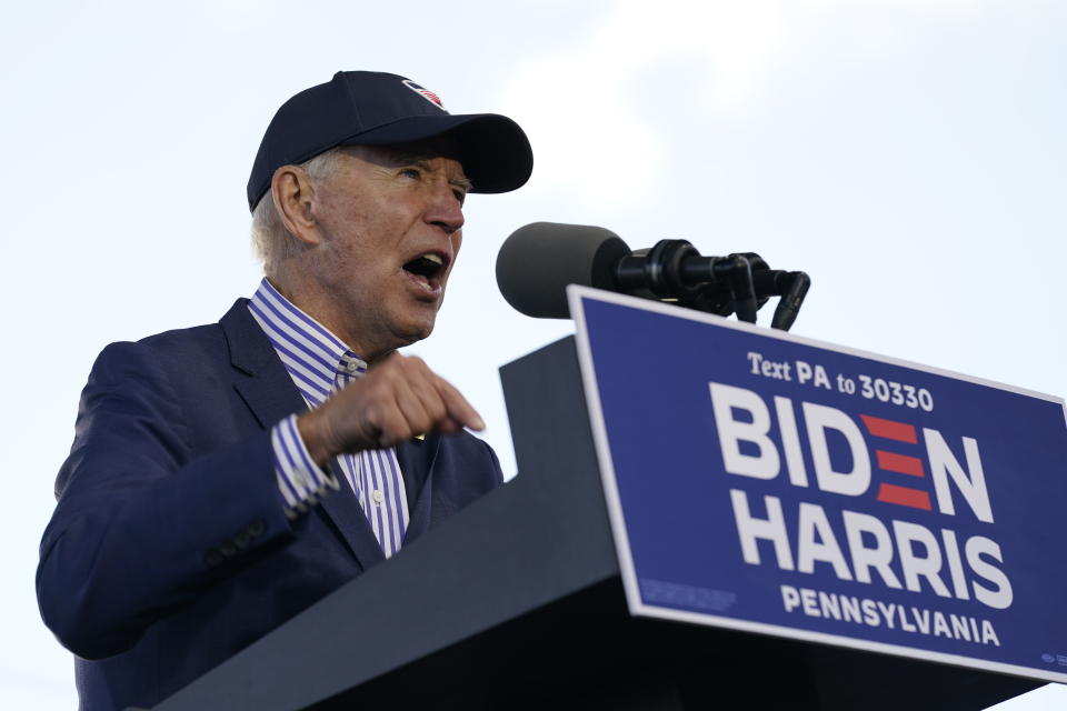 Democratic presidential candidate former Vice President Joe Biden speaks at a campaign event at Dallas High School in Dallas, Pa., Saturday, Oct. 24, 2020. (AP Photo/Andrew Harnik)