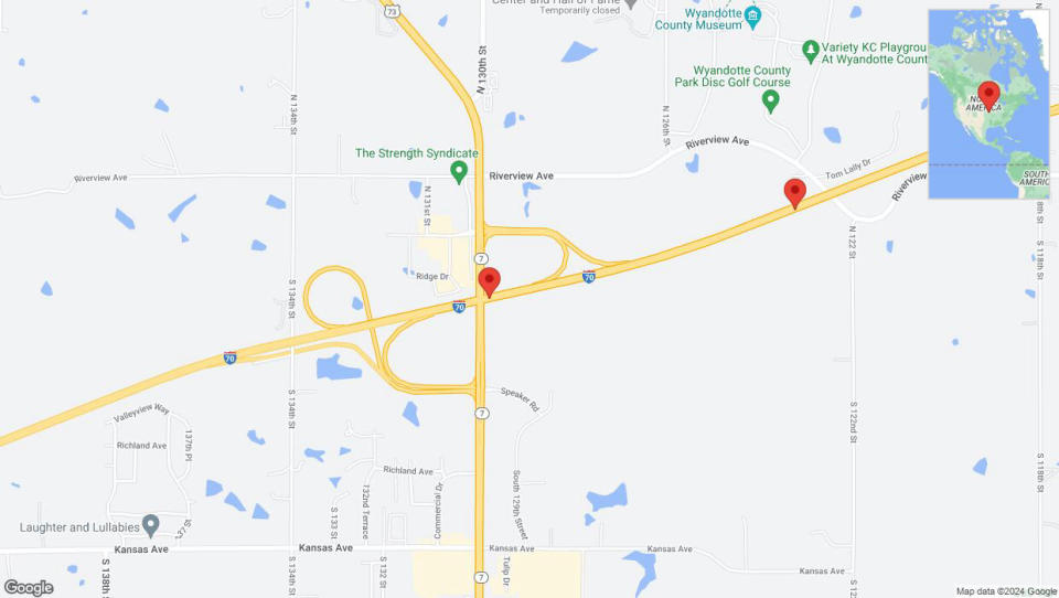 A detailed map that shows the affected road due to 'Warning: Crash on eastbound I-70 in Bonner Springs' on January 4th at 5:43 p.m.