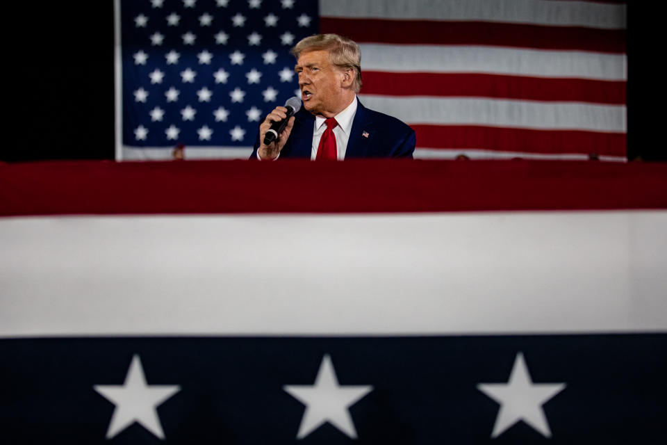 WARREN, MICHIGAN - SEPTEMBER 27: Former US President and Republican presidential nominee Donald Trump answers questions during a Town Hall event at Macomb Community College on September 27, 2024 in Warren, Michigan. The Town Hall will mark his 10th visit this year to Michigan, a battleground state expected to be one of several crucial to deciding the presidential election between Trump and the Democratic nominee, Vice President Kamala Harris. (Photo by Emily Elconin/Getty Images)