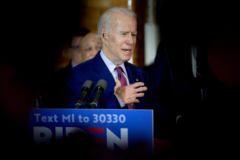 Former Vice President Joe Biden speaks at a campaign stop on Monday, March 9, 2020 at Berston Field House in Flint, Mich. Biden is a candidate for the Democratic nomination for president. (Jake May/The Flint Journal via AP)