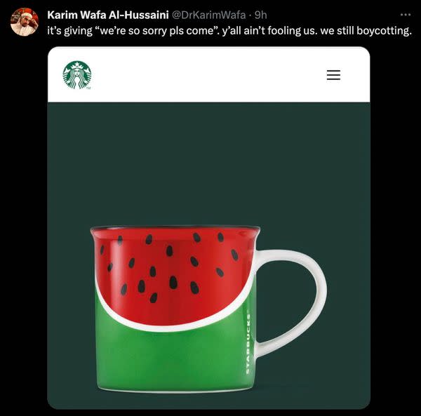 Users on X claimed that Starbucks had released a new watermelon mug as a way of showing support to Palestinians and to cool down boycott efforts against the company.