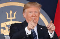 U.S. President Donald Trump gestures as he speaks at the commissioning and graduation ceremony for U.S. Naval Academy Class of 2018 at the Navy-Marine Corps Memorial Stadium in Annapolis, Maryland, U.S., May 25, 2018. REUTERS/Kevin Lamarque