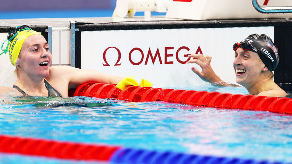 Ariarne Titmus and Katie Ledecky, pictured here in the 400m freestyle final.