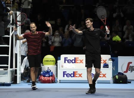 Britain Tennis - Barclays ATP World Tour Finals - O2 Arena, London - 17/11/16 Great Britain's Jamie Murray and Brazil's Bruno Soares celebrate winning their doubles match against Croatia's Ivan Dodig and Brazil's Marcelo Melo Action Images via Reuters / Tony O'Brien Livepic