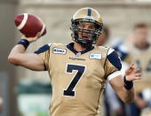 Winnipeg Blue Bombers quarterback Alex Brink makes a pass against the Montreal Alouettes during first quarter Canadian Football League pre-season action Thursday, June 14, 2012 in Montreal. THE CANADIAN PRESS/Ryan Remiorz