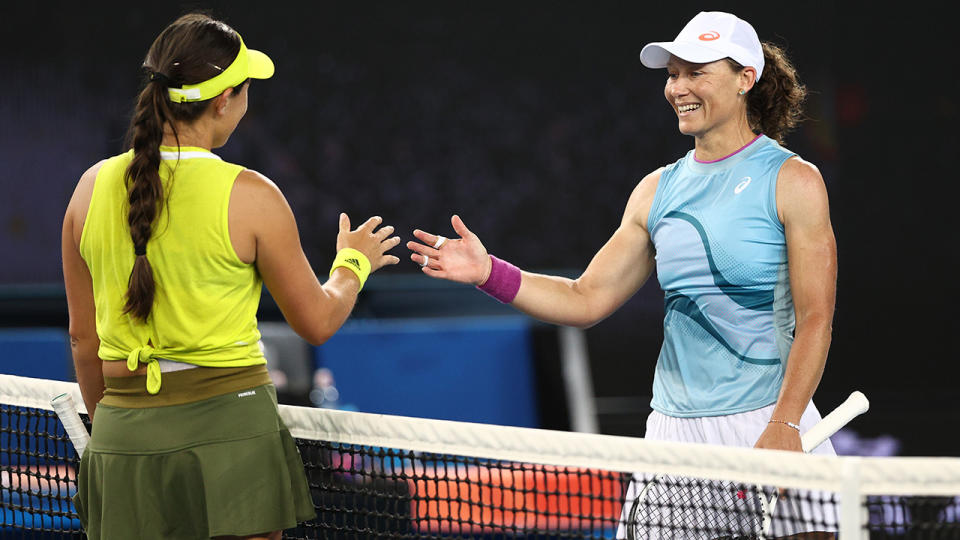 Jessica Pegula, pictured here after her win over Sam Stosur at the Australian Open.