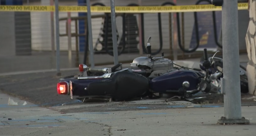 A motorcycle after a collision on Oct. 31, 2023 that left its driver severely injured. (KSWB/FOX 5)