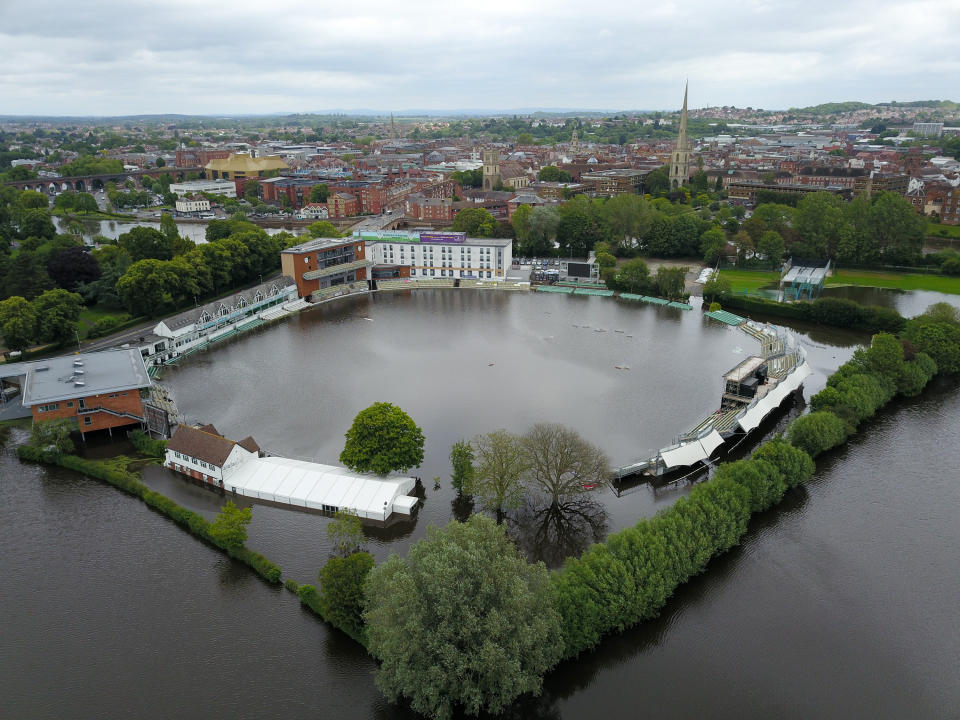 Worcestershire CCC's, New Road, ground under water due to flooding from the River Severn in Worcester, after heavy rainfall. 17/06/2019. See SWNS story SWMDweather.  Britain will be pummelled by âpersistent rainâ over the next few days with the risk of âsevere thunderstormsâ developing as the unrelenting summer washout rages on.  The increased likelihood of damaging storms has forced the Met Office to issue a yellow weather warning.