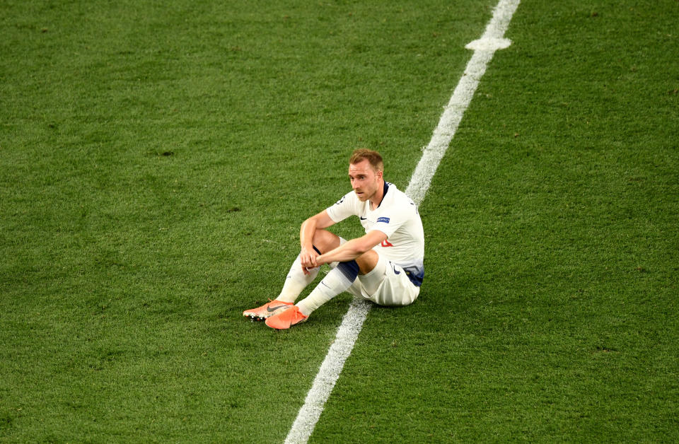 Tottenham Hotspur's Christian Eriksen sits dejected during the UEFA Champions League Final at the Wanda Metropolitano, Madrid.