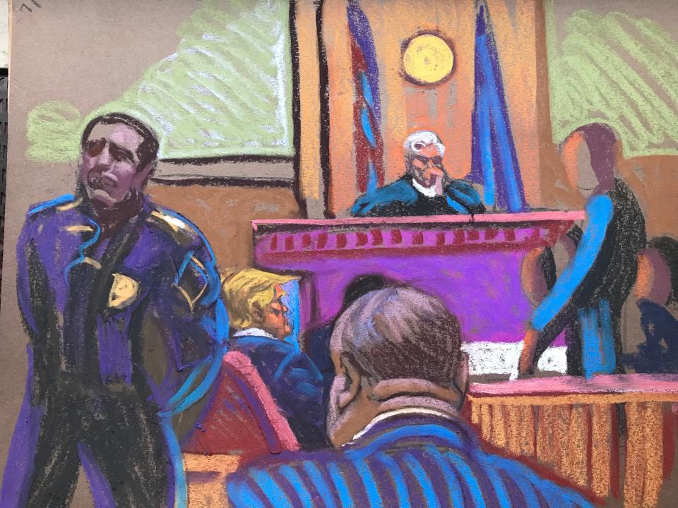 A sketch from behind Alvin Bragg and Donald Trump, who are facing the judge.