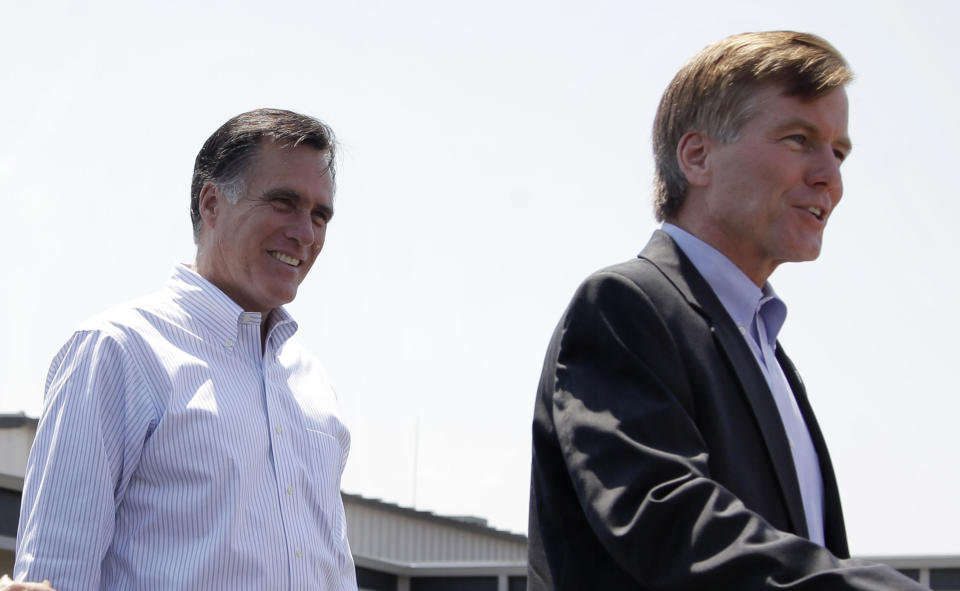 FILE - In this May 3, 2012 file photo, Republican presidential candidate, former Massachusetts Gov. Mitt Romney listen as Virginia Gov. Bob McDonnell speaks in Portsmouth, Va. When Republican presidential candidate Mitt Romney picks his running mate, odds are he’ll select someone with far less wealth than his own. Unless he chooses Hewlett-Packard CEO Meg Whitman, one of the richest women in America. Some of the potential Republican vice presidential nominees are grappling with the same financial issues as many of their countrymen. (AP Photo/Jae C. Hong, File)