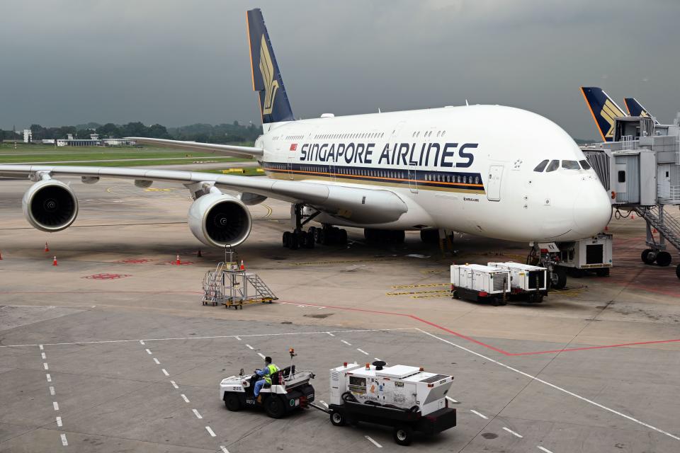 A Singapore Airlines Airbus A380 plane at Changi International Airport in Singapore. 