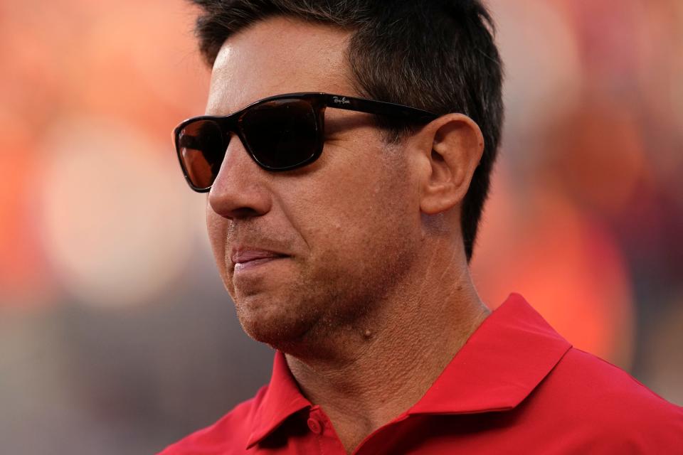 Sep 16, 2023; Columbus, Ohio, USA; Ohio State associate athletic director, player personnel Mark Pantoni walks the sideline during the NCAA football game against the Western Kentucky Hilltoppers at Ohio Stadium. Ohio State won 63-10.