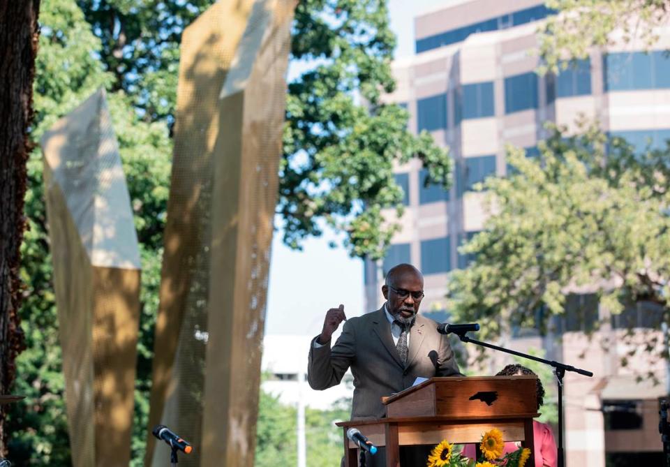 Reginald Hildebrand speaks during a ceremony marking the opening of North Carolina Freedom Park on Wednesday, Aug. 23, 2023, in Raleigh, N.C. The park honors the African American struggle for freedom.