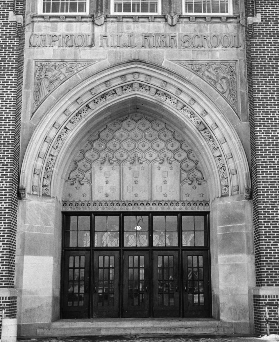 Several generations of Oklahoma City residents have marched under the high arch and through Capitol Hill high school's doors, pictured in 1959 and published in The Oklahoma City Times.