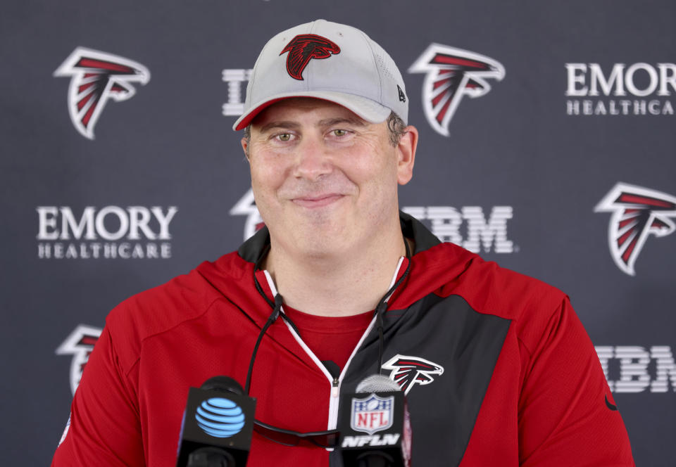 Atlanta Falcons head coach Arthur Smith speaks to the media during the NFL football team's training camp, Wednesday, July 27, 2022, in Flowery Branch, Ga. (Jason Getz/Atlanta Journal-Constitution via AP)