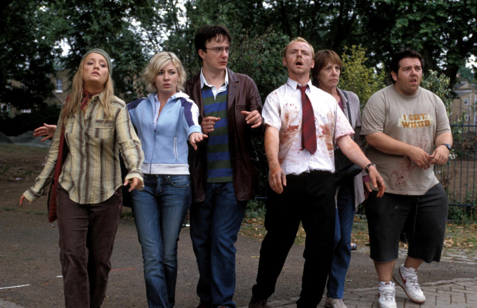 SHAUN OF THE DEAD, Lucy Davis, Kate Ashfield, Dylan Moran, Simon Pegg, Penelope Wilton, Nick Frost, 2004, (c) Rogue Pictures/courtesy Everett Collection