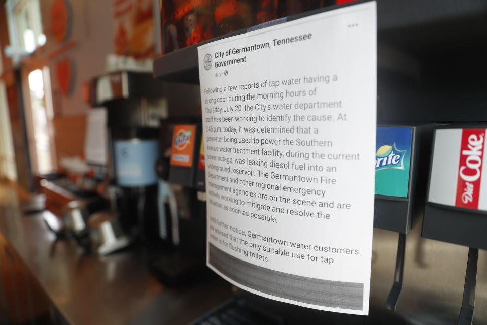 RISE Saddle Creek is not able to use water on July 21, 2023, because a generator leaked diesel fuel into the city of Germantown’s water reservoir. A sign posted on RISE's drink machine explains why Germantown residents and businesses should not use the water. The restaurant is located at 7535 Poplar Ave #109 in Germantown, Tenn.