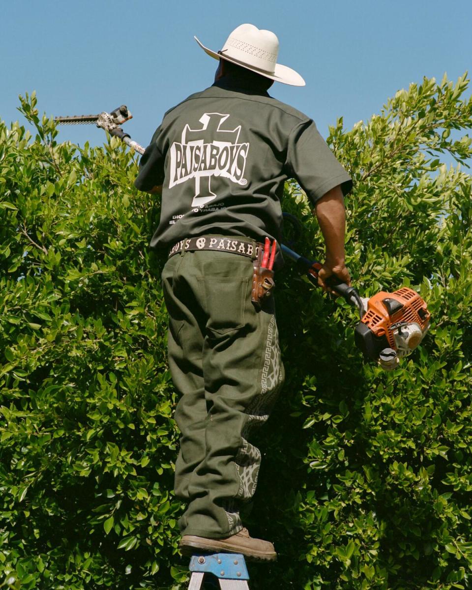 A landscaper trims a green hedge.