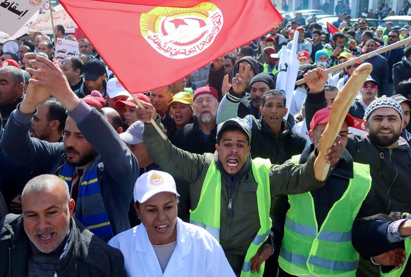 Supporters of the Tunisian General Labour Union (UGTT) protest in Sfax