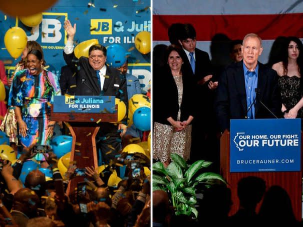 Democrat J.B. Pritzker (campaign photo) and Illinois Governor Bruce Rauner (AP Photo/Matt Marton) speak to supporters in Chicago on Tuesday, Nov. 6, 2018.