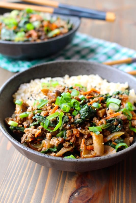 <p>This delicious, flavorful, and super easy ground pork stir fry is sure to become an instant favorite at your dinner table!</p><p><strong>Get the recipe: <a href="https://www.frugalnutrition.com/easy-ground-pork-stir-fry/" rel="nofollow noopener" target="_blank" data-ylk="slk:Easy Ground Pork Stir Fry;elm:context_link;itc:0;sec:content-canvas" class="link rapid-noclick-resp">Easy Ground Pork Stir Fry</a></strong></p>