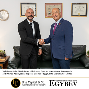 Egyptian International Beverage Co.  signs an agreement to finance its new factories with Elite Capital & Company Limited.  (Right) Amr Reda, CEO & Vice President, Egyptian International Beverage Co.  (left) Ahmad Aboelyazeid, Regional Director – Egypt, Elite Capital & Company Limited.