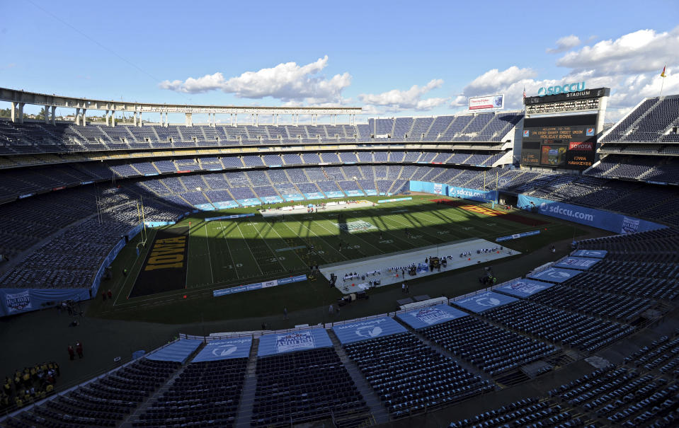 FILE - In this Dec. 27, 2019, file photo, a detailed view SDCCU stadium before the Holiday Bowl NCAA college football game in San Diego. The school has also begun looking at how it could safely host fans within social distancing guidelines, if fans will be allowed to attend games at 70,000-seat SDCCU Stadium. This season, 39 major college football schools have scheduled 49 so-called buy games worth an estimated $65 million. If coronavirus disruptions cause Power Five teams to play more or only conference games, stretched athletic budgets could face huge holes. (AP Photo/Orlando Ramirez, File)