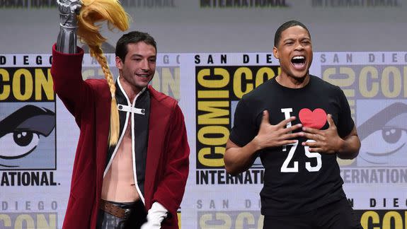 Ezra Miller (the Flash) and Ray Fisher (Cyborg) at the Warner Bros. "Justice League" Comic-Con panel on Saturday.