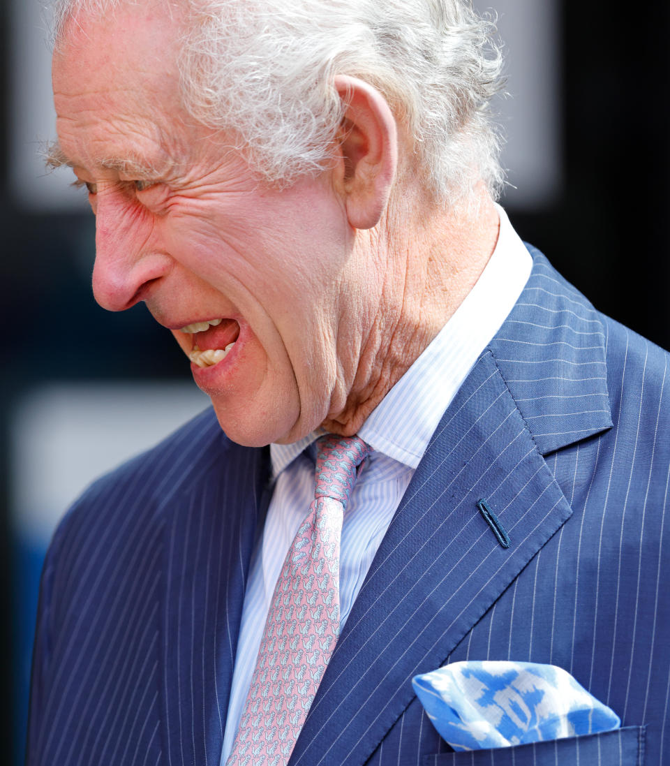 LONDON, UNITED KINGDOM - APRIL 30: (EMBARGOED FOR PUBLICATION IN UK NEWSPAPERS UNTIL 24 HOURS AFTER CREATE DATE AND TIME) King Charles III visits the University College Hospital Macmillan Cancer Centre to raise awareness of the importance of early diagnosis and highlight some of the innovative research, supported by Cancer Research UK, which is taking place at the hospital on April 30, 2024 in London, England. The visit marks King Charles' first day as the new Patron of Cancer Research UK and is his first official public-facing engagement since being diagnosed with cancer. (Photo by Max Mumby/Indigo/Getty Images)