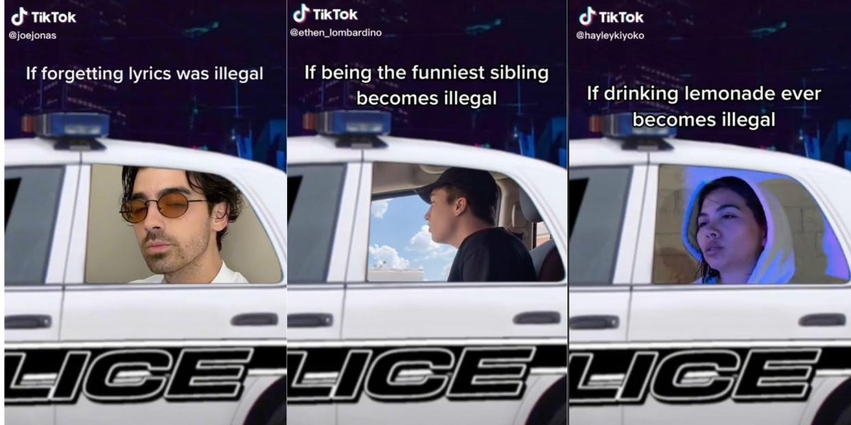 left, Joe Jonas in a police car with the text 'If forgetting lyrics was illegal'; middle, man in police car with text 'if being the funniest sibling was illegal'; right, Hayley Kiyoko in a police car with text 'if drinking lemonade ever became illegal'