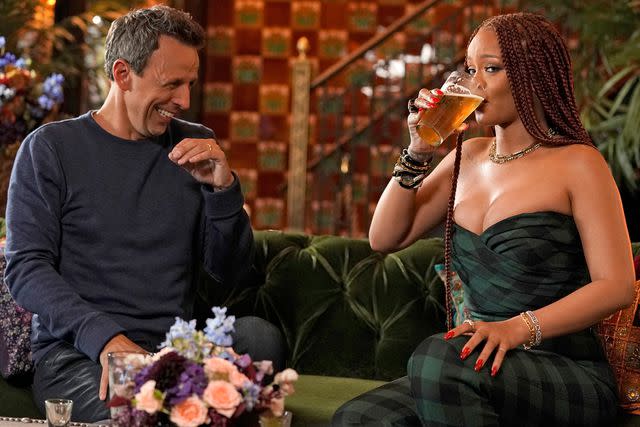 Jon Pack/NBCU Photo Bank/NBCUniversal via Getty Images via Getty (L) Seth Meyers and Rihanna go day drinking on 'Late Night with Seth Meyers'