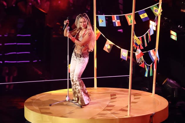 Karol G performs on stage during the 2024 MTV Video Music Awards at UBS Arena on September 11, 2024 in Elmont, New York. - Credit: Arturo Holmes/Getty Images