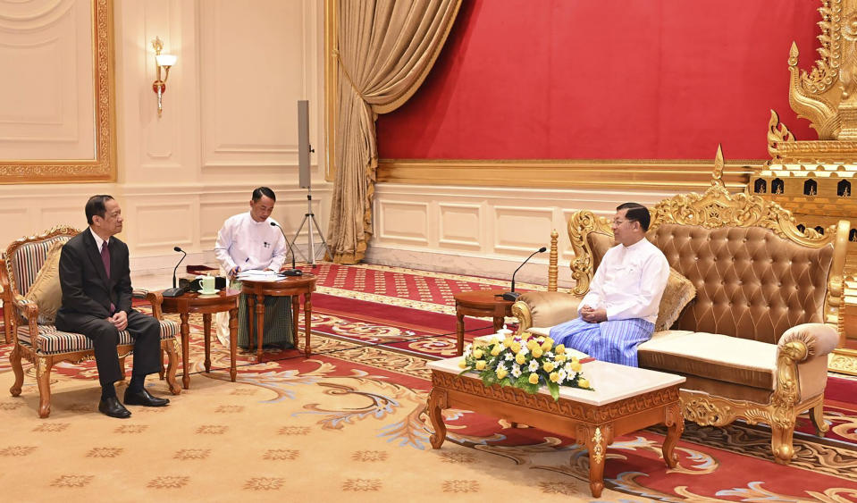 In this photo released from Myanmar Military True News Information Team, Min Aung Hlaing, right, the head of ruling military council, talks with Alounkeo Kittikhoun, left, special envoy of ASEAN Chairman, during their meeting Wednesday, Jan. 10, 2024, in Naypyitaw, Myanmar. A veteran Laotian diplomat recently appointed the Association of Southeast Asian Nations' special envoy to Myanmar, has arrived on his first mission to the strife-torn nation. (The Military True News Information Team via AP)