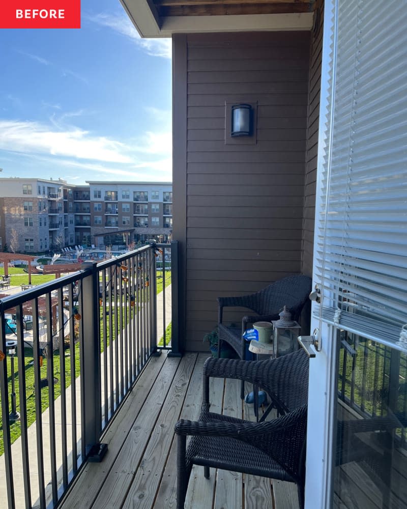 View of balcony with wooden floor decking before renovation.