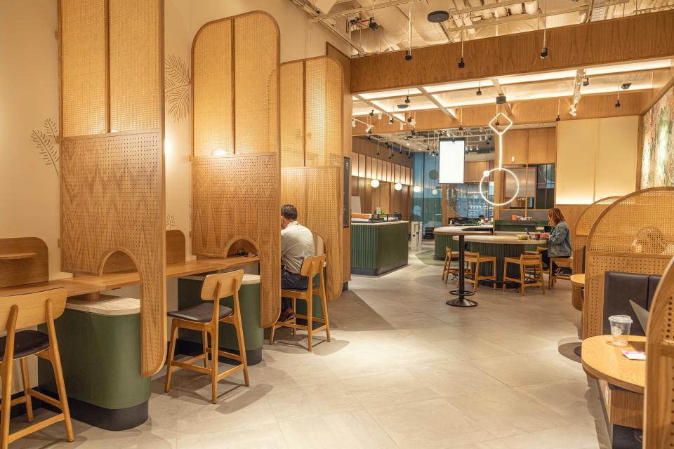 A lounge inside the Starbucks Pickup with Amazon Go store in New York.