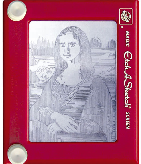 <b>Mona Lisa</b> <br> <p>Somehow, we doubt that Leonardo da Vinci had the Etch-A-Sketch in mind when he painted his masterpiece. He might have invented the helicopter, the parachute, and the tank, but even da Vinci didn’t see the ‘Sketch coming.</p> <br> (Credit: <a href="http://www.etch-a-sketchartist.com/" rel="nofollow noopener" target="_blank" data-ylk="slk:Jeff Gagliardi;elm:context_link;itc:0;sec:content-canvas" class="link ">Jeff Gagliardi</a>)