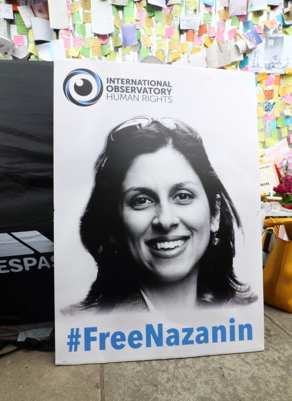 LONDON, BEDS, UNITED KINGDOM - 2019/06/25: A portrait of Nazanin Zaghari-Ratcliffe seen in front of the Iranian Embassy in support of her. Husband of imprisoned Iranian-British national Nazanin Zaghari-Ratcliffe, Richard Ratcliffe, now on the 11th day of a hunger strike outside the Iranian Embassy in London. He is acting in solidarity with his wife, who is also refusing to eat in protest at her own unfair imprisonment in Iran on spying charges. (Photo by Keith Mayhew/SOPA Images/LightRocket via Getty Images)