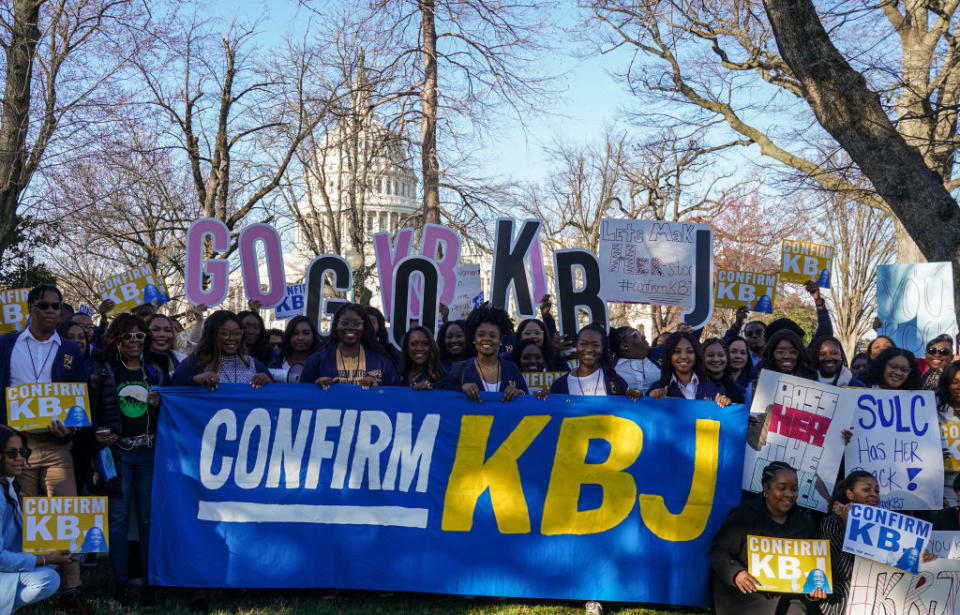 Southern University Law Center students pose for a photo near the U.S. Capitol while celebrating the confirmation hearings for Supreme Court Justice nominee Ketanji Brown Jackson on March 21, 2022 in Washington, DC. (Leigh Vogel/Getty Images for Demand Justice)