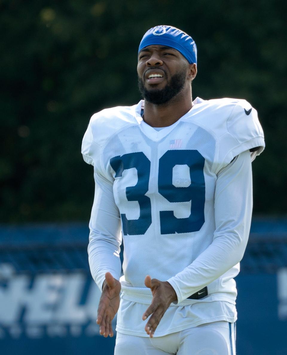 Indianapolis Colts cornerback Darrell Baker Jr. (39) watches during Colts Camp practice at Grand Park, Tuesday, Aug. 1, 2023 in Westfield.