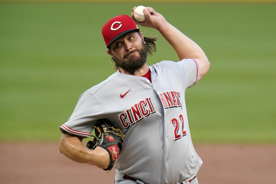 Cincinnati Reds starting pitcher Wade Miley delivers during the first inning of a baseball game against the Pittsburgh Pirates in Pittsburgh, Tuesday, Sept. 14, 2021. (AP Photo/Gene J. Puskar)