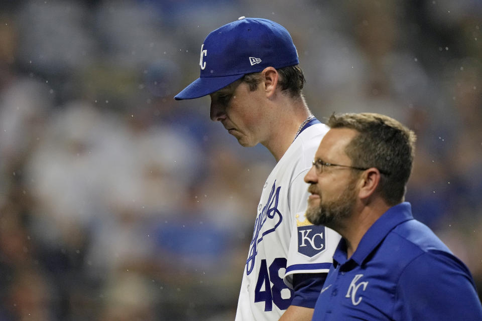 Kansas City Royals starting pitcher Ryan Yarbrough (48) comes out of the game with an injury during the sixth inning of a baseball game against the Detroit Tigers Wednesday, July 19, 2023, in Kansas City, Mo. (AP Photo/Charlie Riedel)