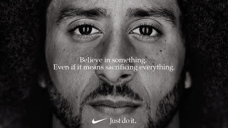 Former San Francisco quarterback Colin Kaepernick appears as a face of Nike Inc advertisement marking the 30th anniversary of its "Just Do It" slogan in this image released by Nike in Beaverton, Oregon, U.S., September 4, 2018. Courtesy Nike/Handout via REUTERS